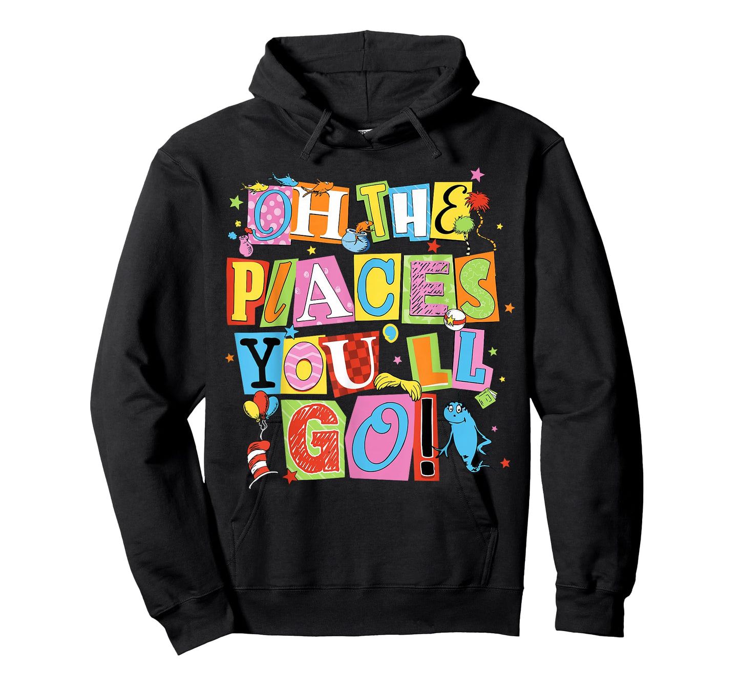 Reading Day Oh Places You Go Doctor Teacher Cat Hat Autism T-Shirt - Hoodie | Black