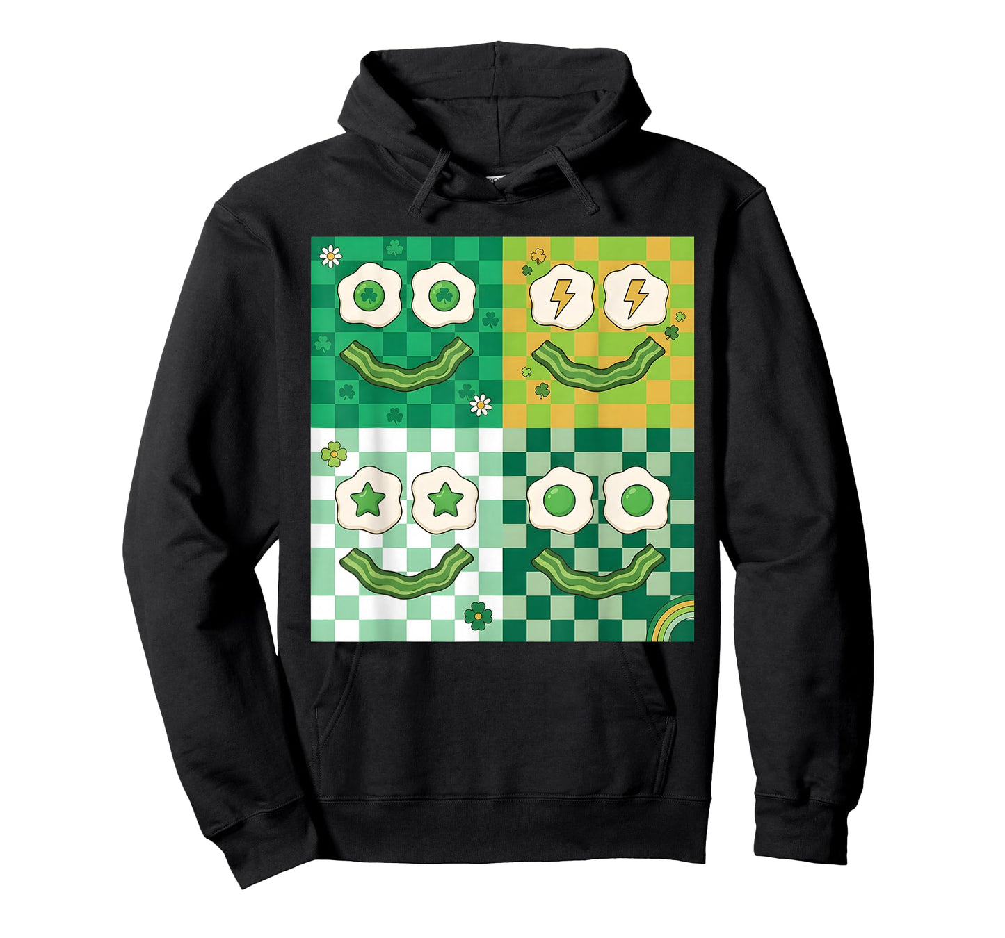 Green Smile Face Eggs and Bacon Ham Breakfast St Patricks T-Shirt - Hoodie | Black