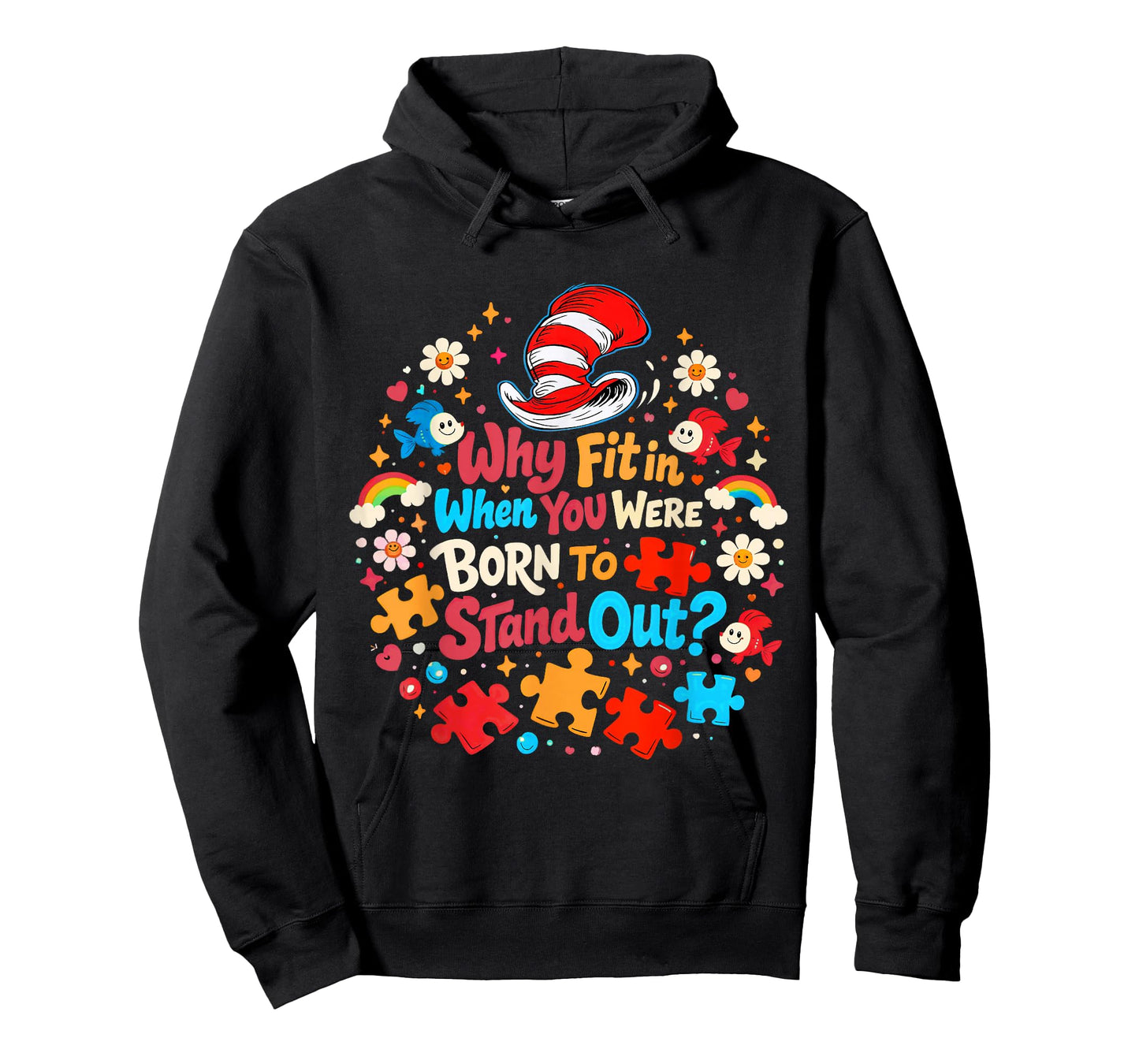 Why Fit in Autism Awareness for Teacher Doctor Cat Hat Cool T-Shirt - Hoodie | Black