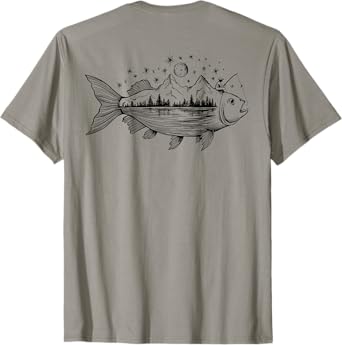 On Back Cool Fish Shaped from Mountains Nature Scene Fishing T-Shirt