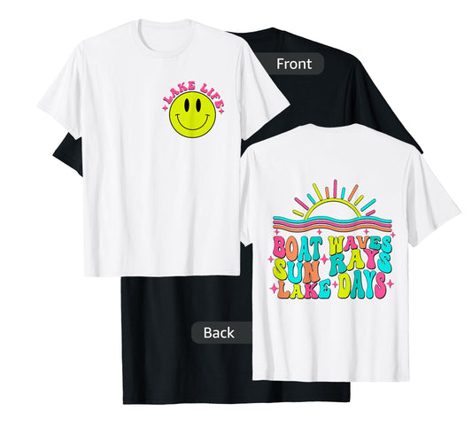 Boat Waves Sun Rays Lake Days Retro Summer vacation on Back T-Shirt