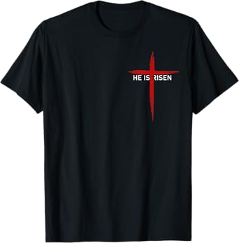 He Is Risen Pocket Christian Logo Jesus Religious Cross T-Shirt