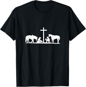 Christian Western horses cowhands praying Cross. Christian T-Shirt