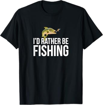 I'd Rather Be Fishing - Unisex Adults Black Fishing T-Shirt - Small - Short Sleeve - Crew Neck - Classic Fit - Cotton, Polyester - Modern Classic - Fish Theme - Vacation - Machine Wash