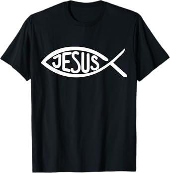 Jesus Gifts Jesus Fish T-Shirt, Kids, Unisex-Adults, Short Sleeve, Black, Small