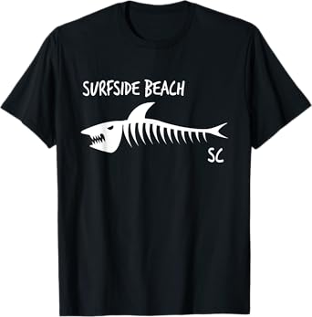 Surfside Beach SC Shark Skeleton White Print T-Shirt for Men Women Kids