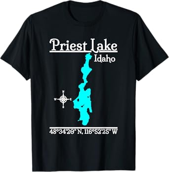 Designed by GeoGearCo - Men's Unisex-Adults, Unisex-Kids Black Classic Fit Cotton, Cotton Blend Short Sleeve T-Shirt - Priest Lake - Idaho