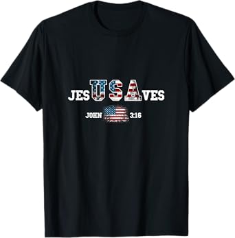 Jesus Saves USA American Flag Patriotic Christian Women Kids Men T-Shirt