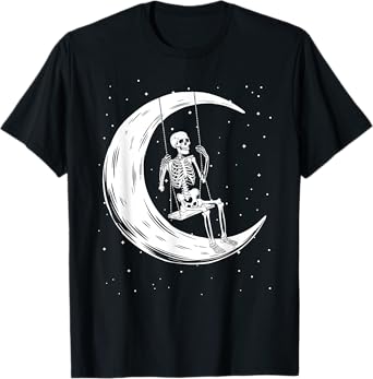 Skeleton Swinging On Crescent Moon Halloween T-Shirt