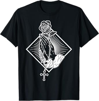 Praying hands with rose and rosary T-Shirt