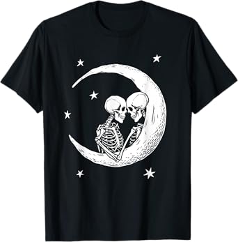Two Skeletons In Love On The Moon Cute Womens Fall Fashion T-Shirt