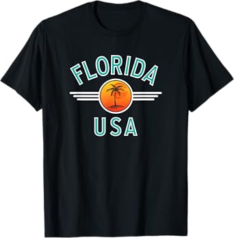 Florida USA Palm Tree Sun Circle Teal Text T-Shirt
