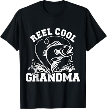 Fishing Reel Cool Grandma C Unisex-Adults Black Cotton Polyester Short Sleeve T-Shirt Small Modern Fish Summer Casual Fishing Themed Women's T-Shirt