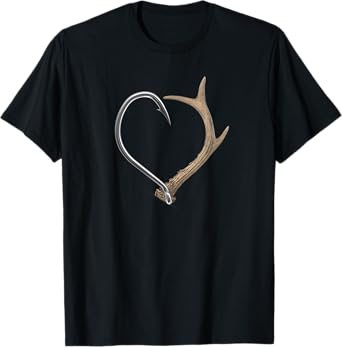 Fishing Hook & Antler Shed Hunter Heart Shape T-Shirt
