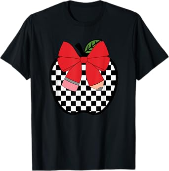 Retro Back to School Teacher Race Checkered Apple Pencil Bow T-Shirt