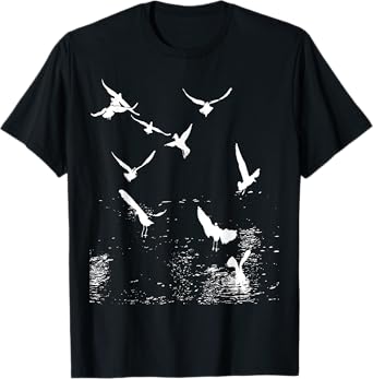 White Silhouette Of A Flock Of Seagulls Over Water T-Shirt