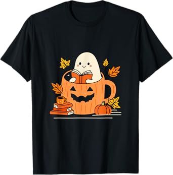 Retro Librarian Ghost Reading Books Halloween Teacher T-Shirt