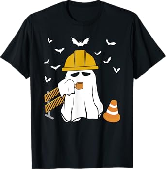 Funny Ghost Drink Coffee Halloween Construction Worker T-Shirt