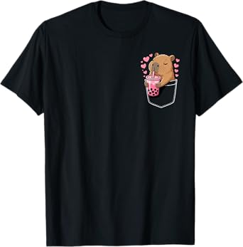 Cute Capybara Drink Bubble Tea Kawaii Capy Lover in Pocket T-Shirt