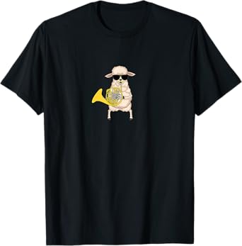 Funny Sheep Lamb Wearing Sunglasses Playing French Horn T-Shirt