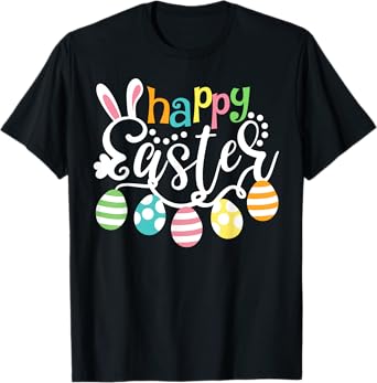 Happy Easter Day Colorful Egg Hunting Cute Bunny Girl Womens T-Shirt