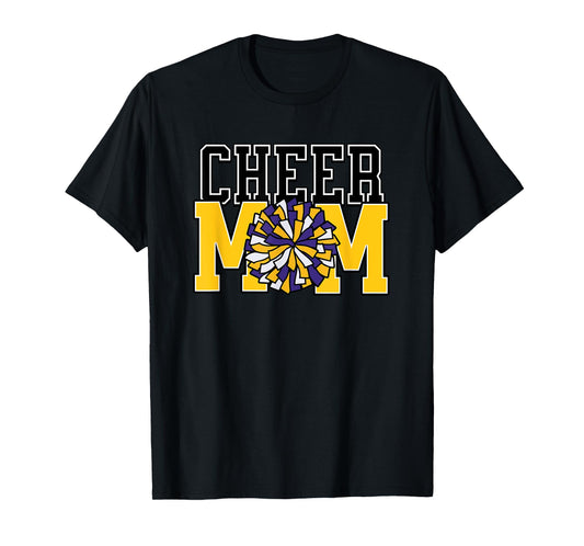 Cheer Mom Biggest Fan Yellow and Purple Pom Pom T-Shirt