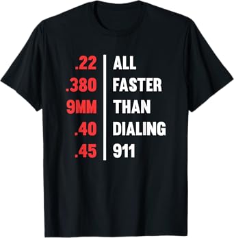 Bullets All Faster Than Dialing 911 .22 .380 9mm .45 T-Shirt T-Shirt