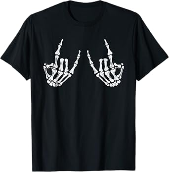 Retro Rocker Hand Sign Rock Skeleton Halloween Mens Womens T-Shirt