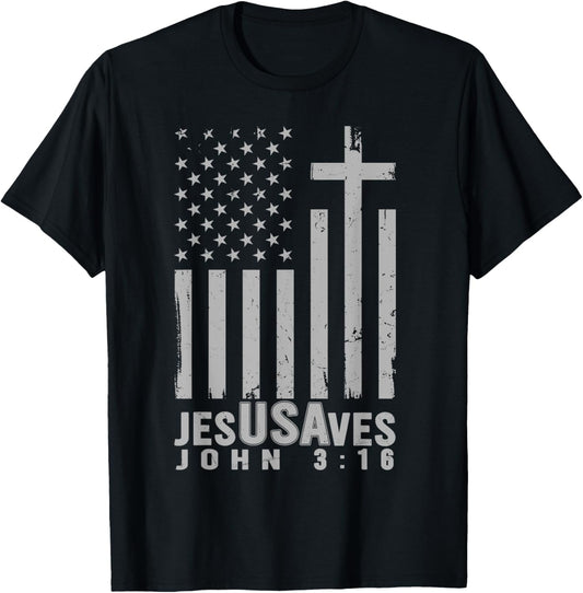 Jesus Saves USA American Flag Patriotic Christian Religious T-Shirt