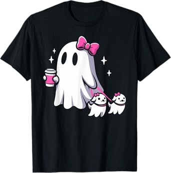 Halloween Cute Ghost Walking Dog Spooky Pink Coquette Ghost Men Women Girls Kids T-Shirt