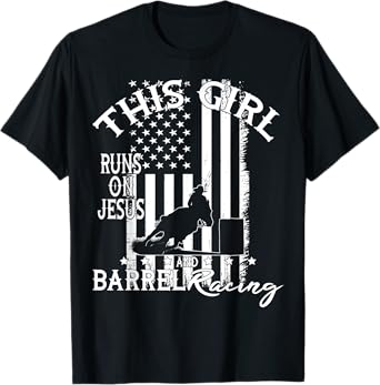 US flag Horse Barrel Racing This Girl runs on Jesus Rodeo T-Shirt