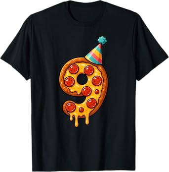 Pizza 9th Birthday 9 Years Old Party Hat Bday Boys Girl Kids T-Shirt