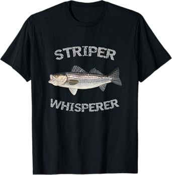 Reel Striper Fishing Shirts Striper Whisperer Striped Bass T-Shirt Black Unisex-Adults Classic Fit Short Sleeve Cotton, Polyester Fishing T-Shirt Small