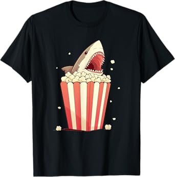 Great White Shark Eating Popcorn Funny Shark and Movie Fan T-Shirt