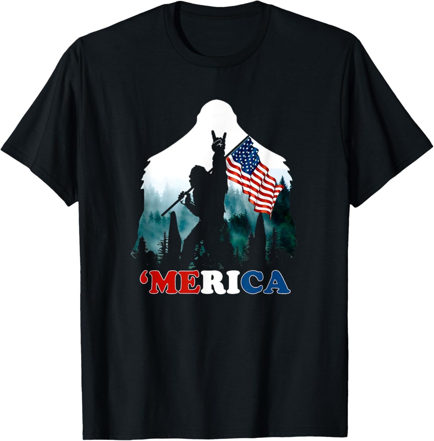 Merica Bigfoot Holding American Flag USA 4th of July Bigfoot T-Shirt