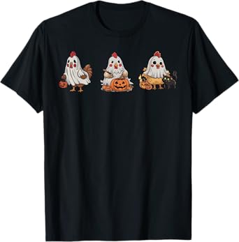 Chickens In Ghost Costume Pumpkin Black Cat Halloween T-Shirt for Men Women Kids
