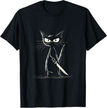 Funny Black Cat Murderous Cat With Knife Cats Fans T-Shirt