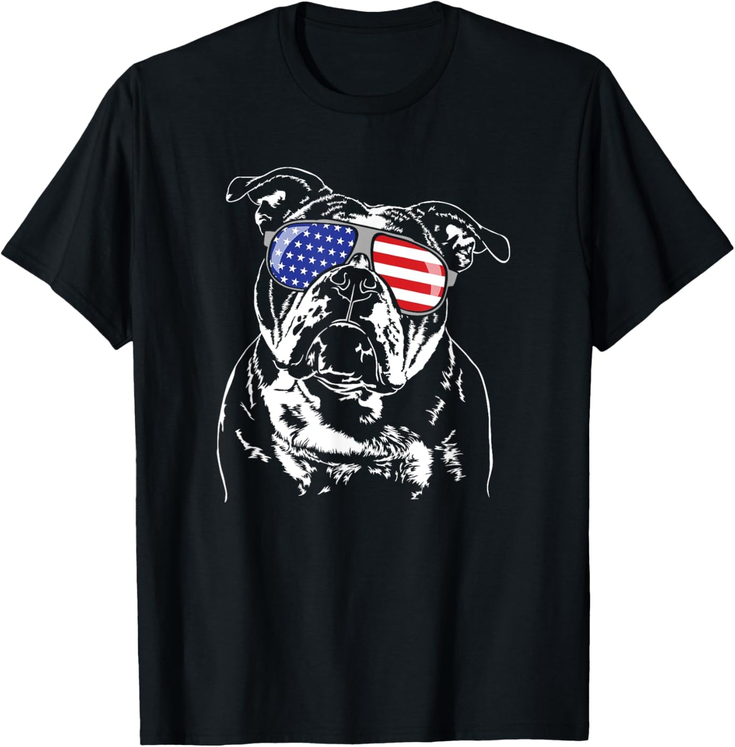 Funny Proud Old English Bulldog American Flag sunglasses T-Shirt