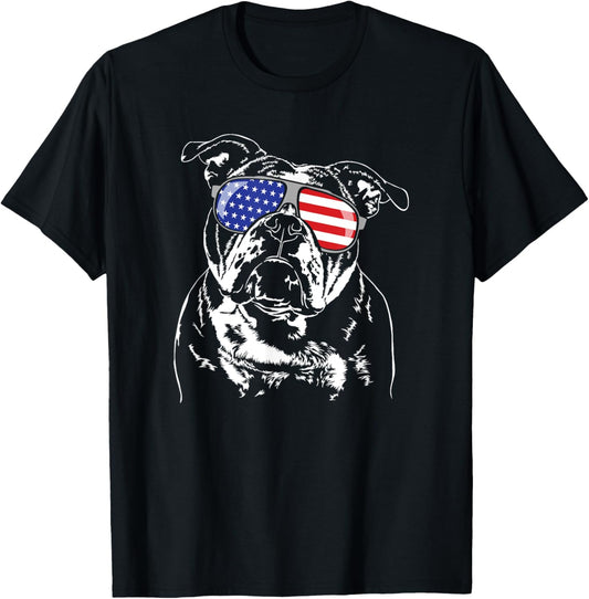 Funny Proud Old English Bulldog American Flag sunglasses T-Shirt