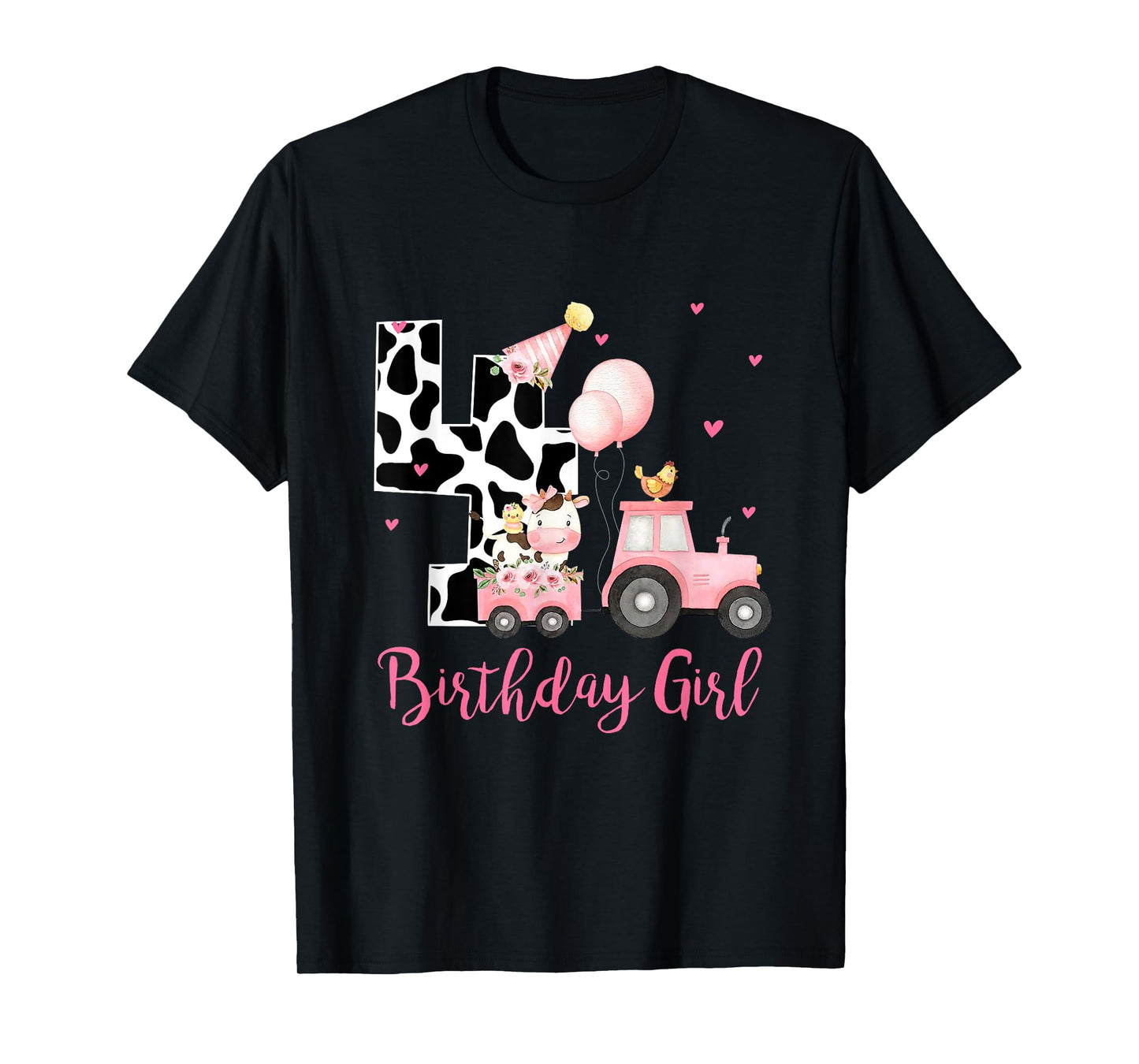 4th Birthday Outfit Girl 4 Year Old Farm Cow Chick Tractor T-Shirt