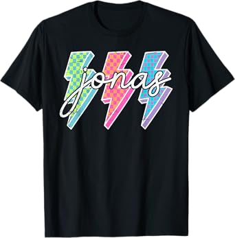 Personalized Name Jonas Lightning Bolt Checkered T-Shirt