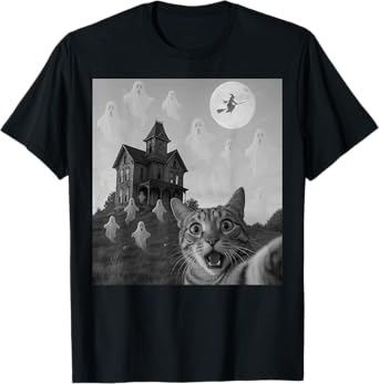 Halloween Cat Selfie Scary House Ghosts Funny Cat Halloween T-Shirt