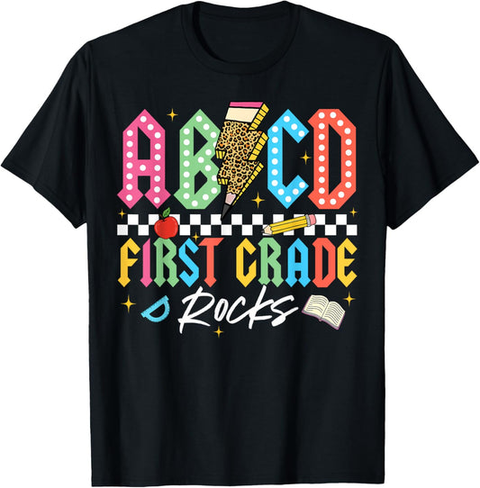 ABCD First Grade Rocks Pencil Lightning Teachers Rock Boys T-shirt by TeeBrew
