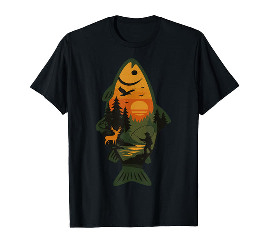 Trout Fly Fishing Outdoor Forest Nature Wildlife Scene T-Shirt