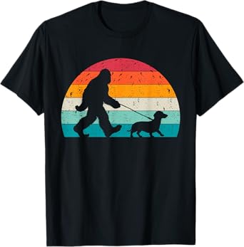 Retro Sasquatch Lover Doxie Wiener Dog Walker Bigfoot Walking a Dog Funny Dachshund Weiner Dog Dad Weenie T-Shirt, Small, Black
