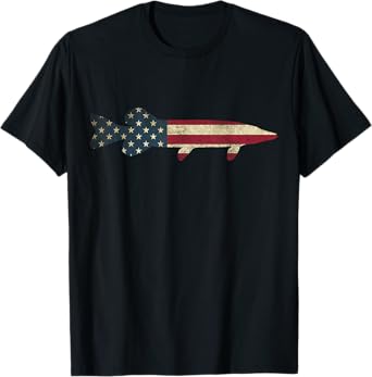 Pike Musky Fishing American Flag Vintage Patriotic Fisherman T-Shirt