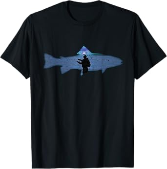 Trout Fly Fishing Nature Outdoor Fisherman In Blue Sunset T-Shirt