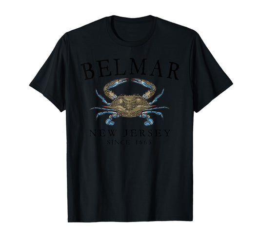Belmar New Jersey Blue Claw Crab Since 1665 Black Letters T-Shirt