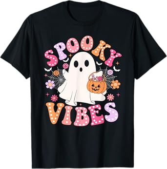 Spooky Vibes Ghost Retro Groovy Halloween Women Girls Kids T-Shirt