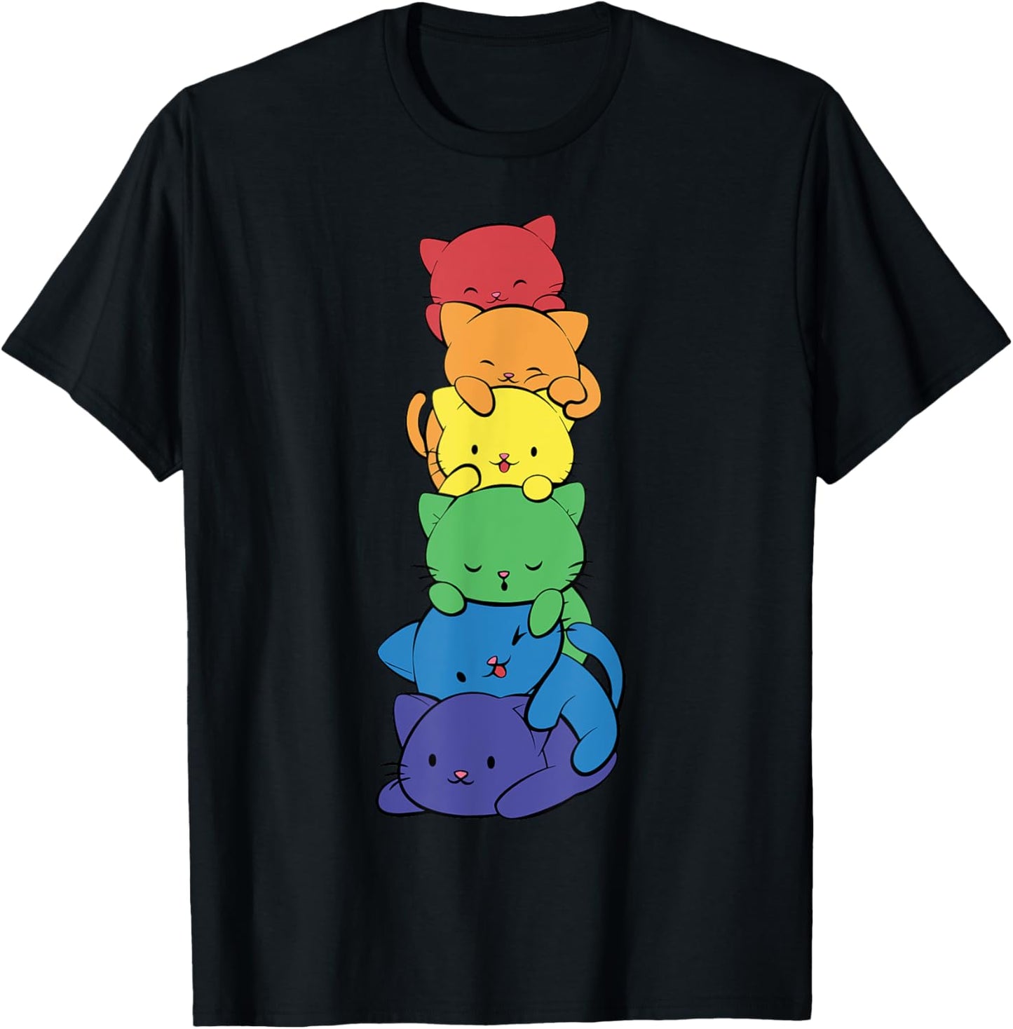 Cute LGBT Rainbow Gay Pride Flag Kawaii Cat Pile Anime Art T-Shirt